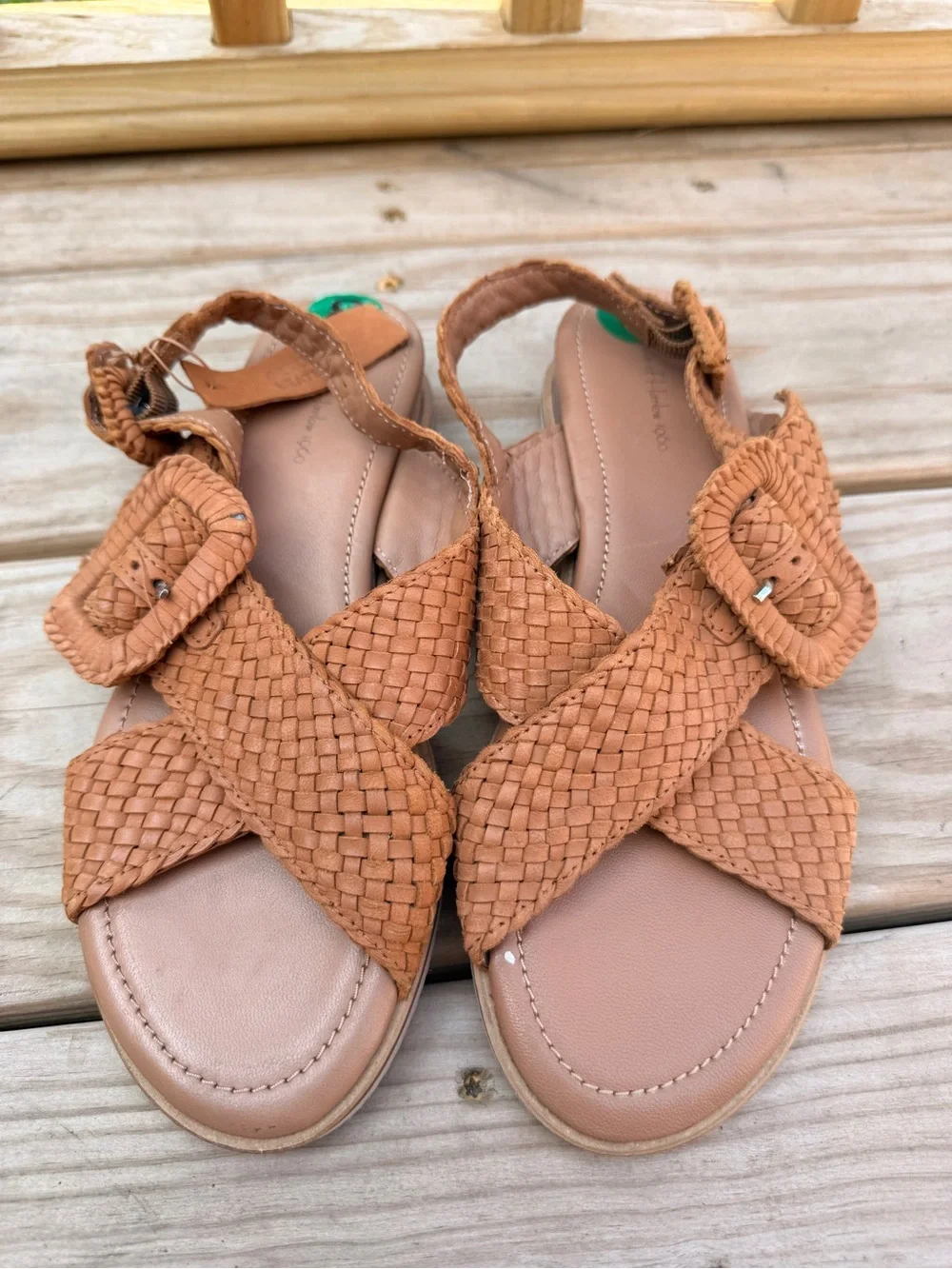 House of Harlow 1960 Woven Tan Leather Cross-Strap Sandals